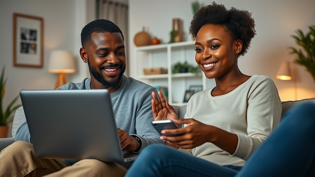 Happy couple in the UK engaging in an inclusive online couples counselling session with their therapist via laptop at home.