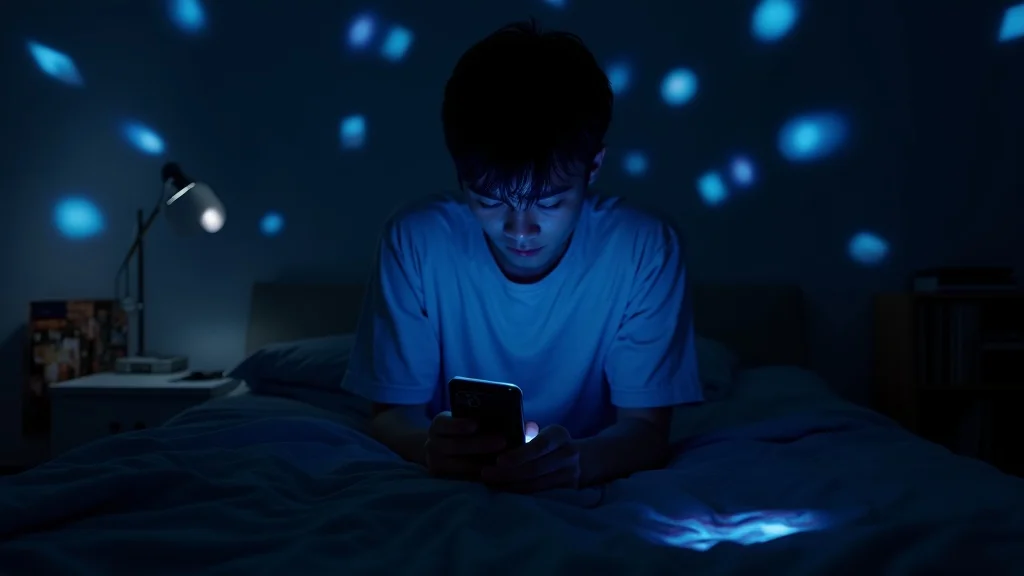 Lonely young man in dimly lit room, surrounded by glowing phone notifications — distant, withdrawn, slouched over his device, styled as Photorealistic set on a messy bed in a cozy apartment, featuring scattered photo filters projected on the walls, rendered with strong light-to-dark contrast, visible pores, and fabric textures, emphasized with cold blue and purple color palette, under moody lamp lighting, captured as if shot with a 35mm lens.