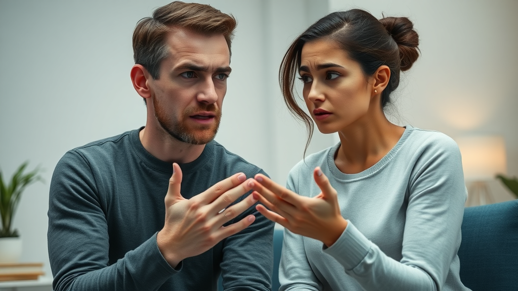 neurodiverse couple: emotionally charged couple, one frustrated, one confused, discussing in a therapy office