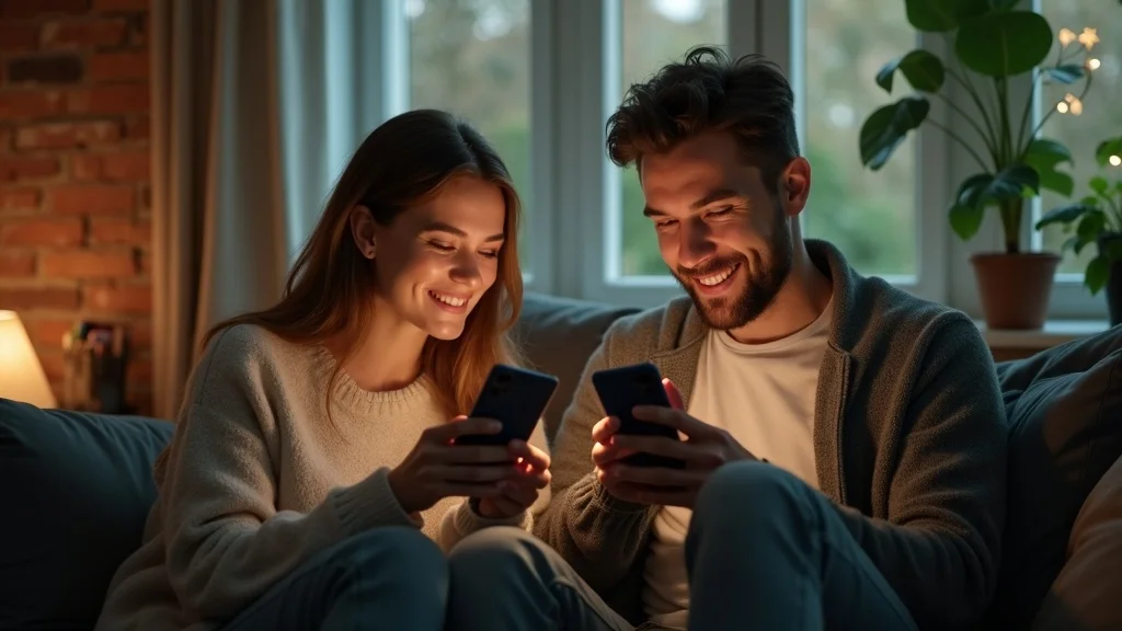 Couple in Brighton using a therapy app for infidelity counselling in a relaxed home setting.