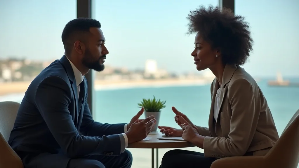 Professional couple in therapy, calm and open, in upscale office overlooking Brighton seafront, photorealistic, cool blue and sandy tones.