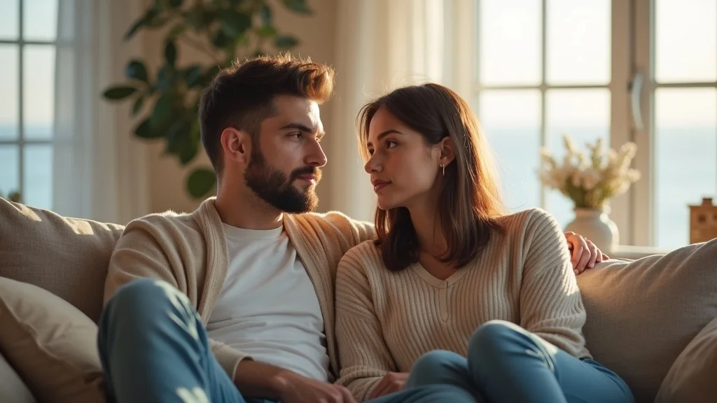 Emotionally intelligent couple in Brighton living room, thoughtful expressions, soft seaside decor, natural light