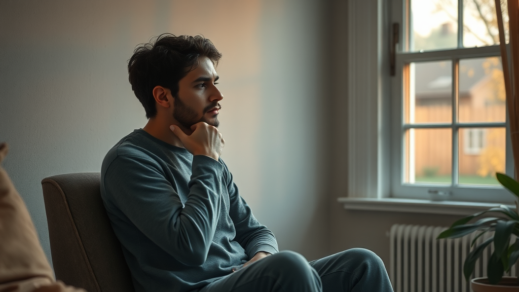 Reflective individual sitting alone in a cozy room, contemplative expression, processing deep emotions. Infidelity counselling and trauma.