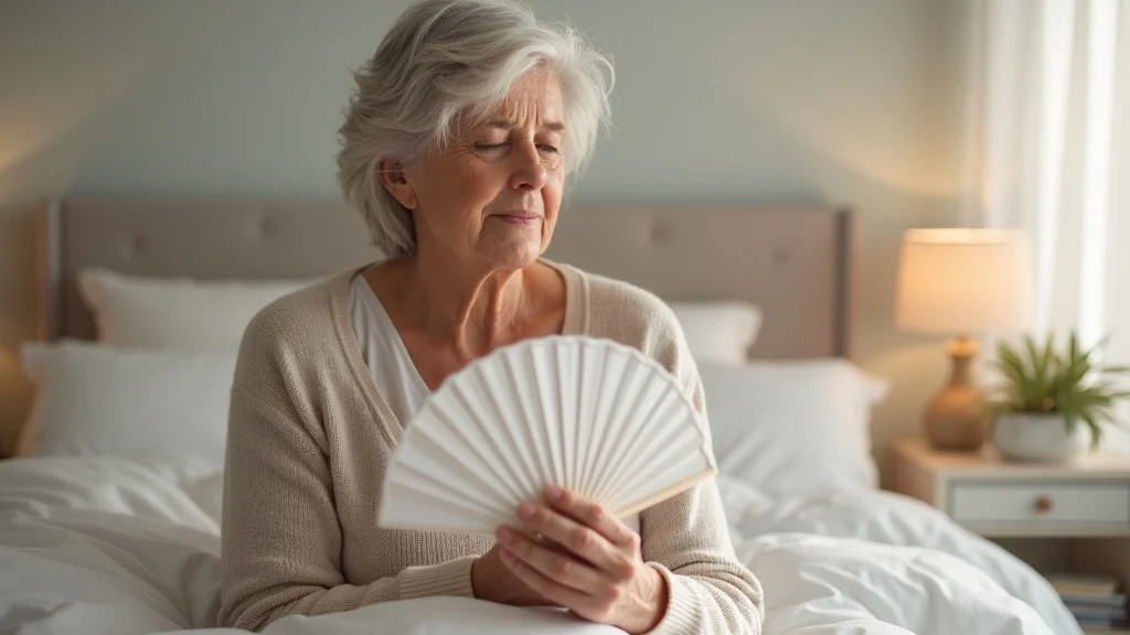 Mature woman experiencing hot flushes and night sweats, gently fanning herself in a softly lit bedroom, typical of menopause symptoms and perimenopause support needs.