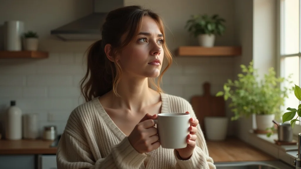 feeling alone in relationship - Person holding mug, gazing out window, partner blurred in background, gentle sunlit kitchen