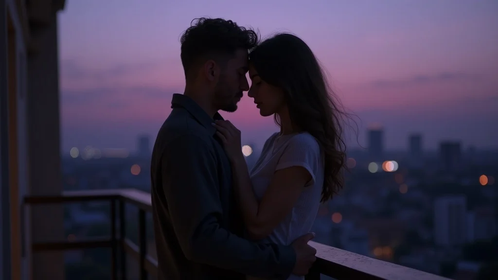 Couple embracing on a balcony at dusk, showing hope and vulnerability after affair recovery in Brighton