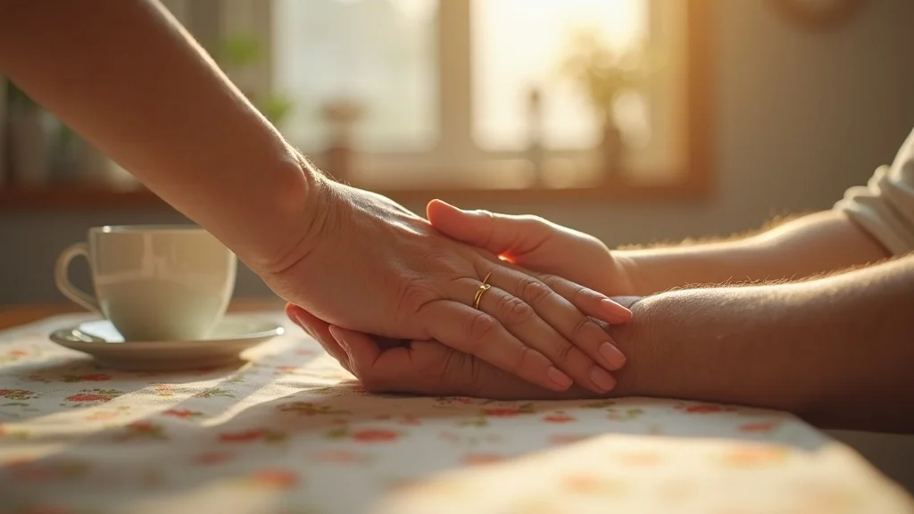 Caregiving relationship imbalance: supportive hands gently holding on a kitchen table, representing connection and vulnerability within a caregiving relationship.