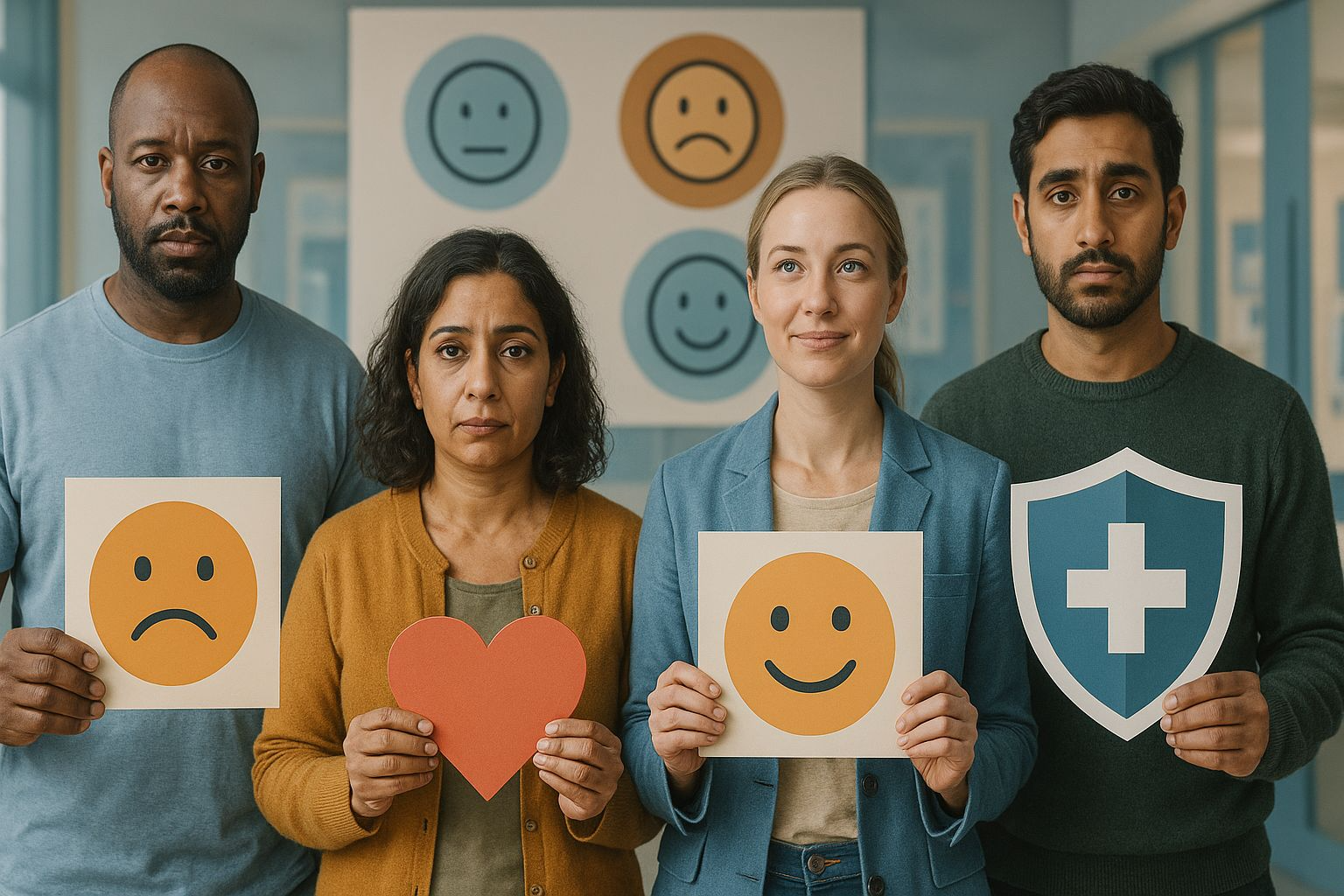 Infographic showing diverse UK adults with trauma-related statistics and supportive community symbols within a modern clinical mental health setting.