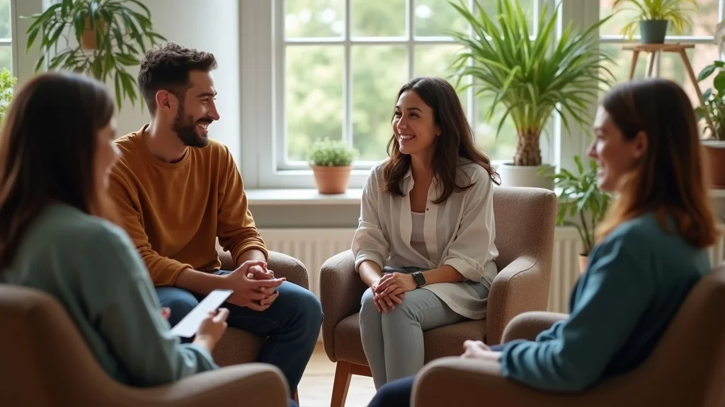 group therapy for emotional loneliness in relationships - Supportive group of diverse couples and therapist in softly lit room, natural empathy, gentle connection