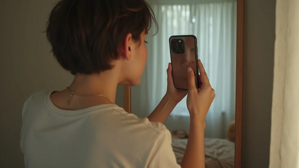Young adult looking in mirror holding phone — anxious/slightly sad, standing upright trying to capture a selfie, styled as Photorealistic set in a tidy but plain bedroom, featuring subtle sunlight through sheer curtains and a reflection showing both the face and the phone, rendered with delicate skin textures, naturalistic hair, and soft backgrounds, emphasized with cool neutral tones, under indirect daylight, captured as if shot with a 35mm lens.