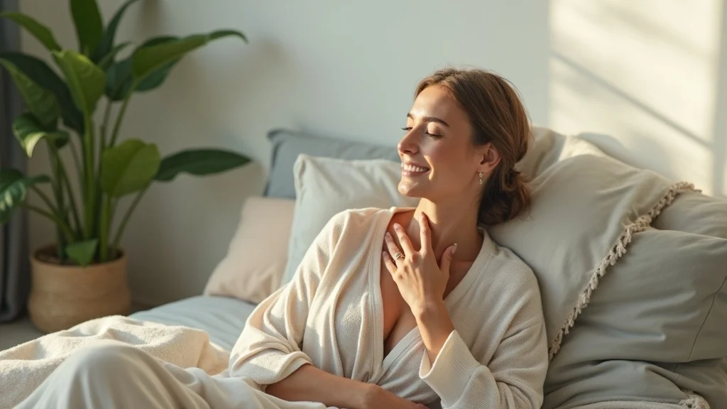Serene woman feeling emotional relief by tapping collarbone point with gentle sunlight filtering in, illustrating EFT tapping’s calming effect.