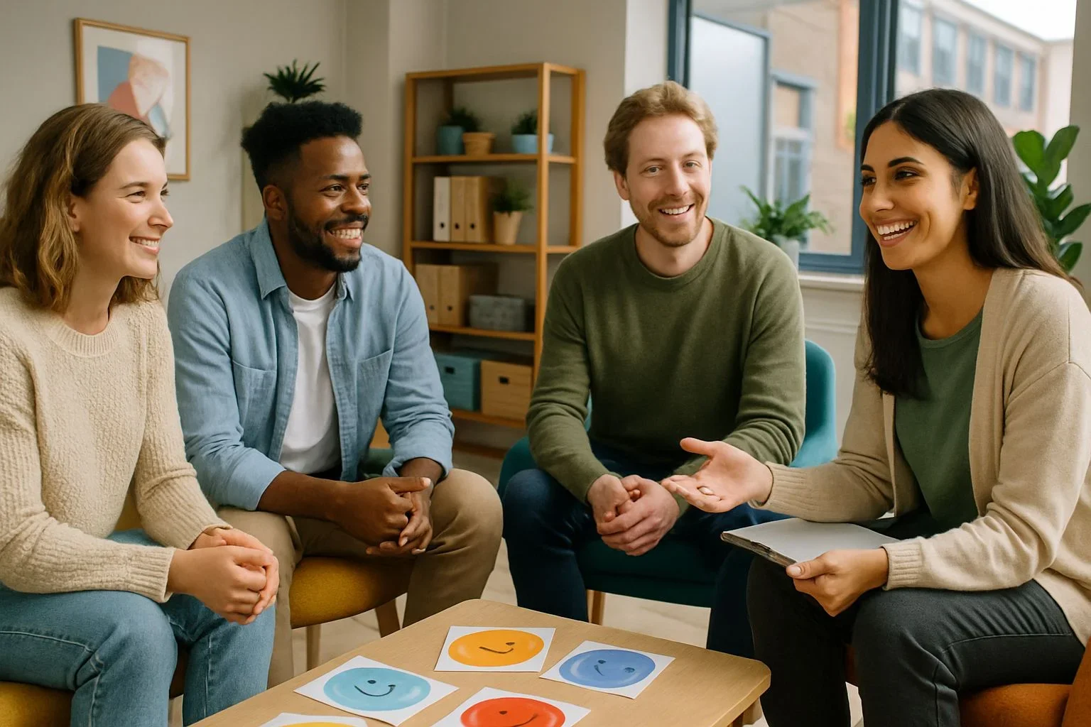 Positively engaged therapy group celebrating success in trauma-informed therapy for attachment trauma, set in a modern UK clinic.