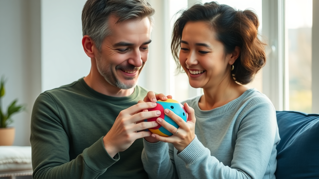 partner offering calming object and support, essential for communication strategies neurodiverse couples, in a modern living room