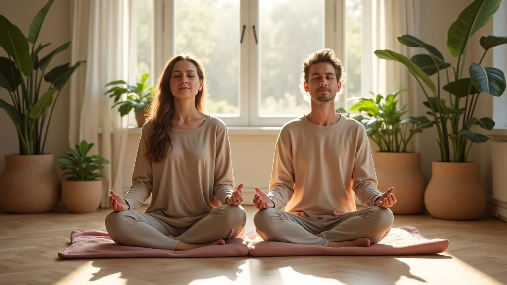Peaceful Brighton couple practicing mindfulness together – calm sunroom, floor cushions, relaxation, nervous system regulation, gentle light.