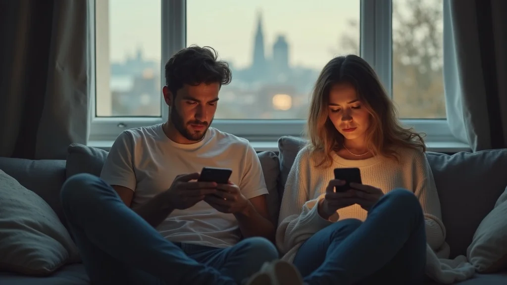 Ex partners texting separately in Brighton flats, subtle frustration, sadness, city skyline, children's drawings, warm indoor light. effective communication, much communication