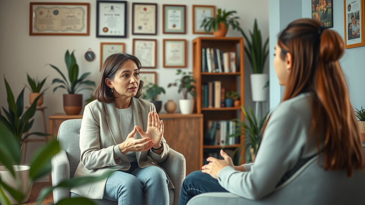 empathetic counsellor in a warmly lit counselling room, listening to a young adult client — professional counselling services