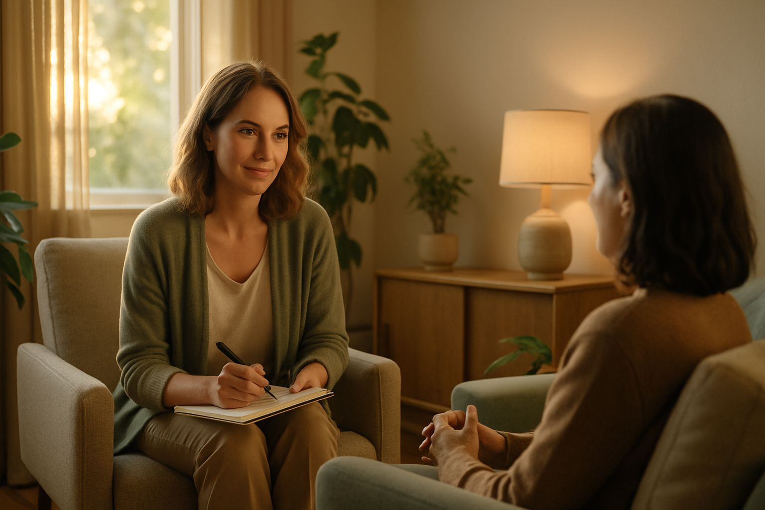 Warm, welcoming therapy room in a UK clinic, embodying safe environments for trauma informed mental health services.
