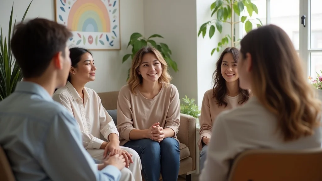 Supportive group therapy for psychosexual anxiety in Brighton, displaying openness and attentive therapist guidance.