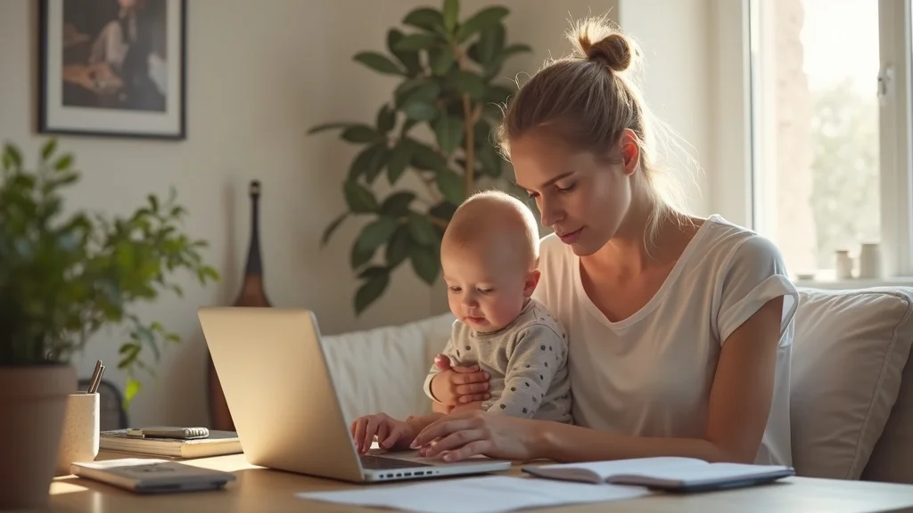 Mother experiencing postpartum work anxiety while working from home in Brighton, balancing a baby and a laptop.