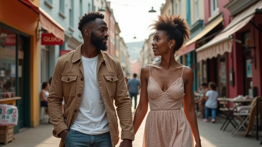 Multicultural newlywed couple in Brighton Lanes, holding hands and having open conversation about couples therapy.