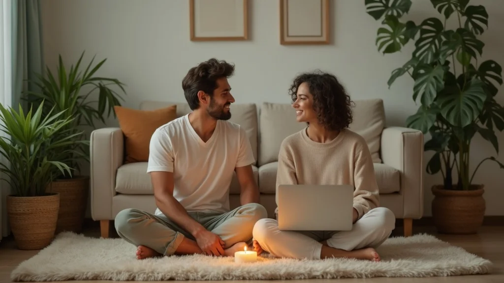 Tranquil couple online couples therapy post-session reflection relief gentle support Brighton houseplants art