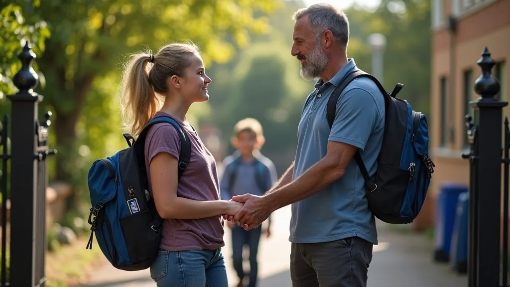 Respectful ex couple at Brighton school gate, calm handover of child’s backpack, children and greenery, everyday props, spring sunshine. effective communication, co-parenting, much communication