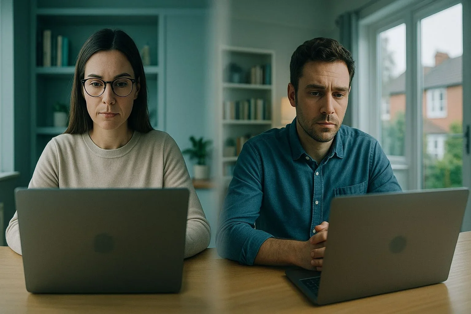 Contemporary teletherapy session with British therapist and client, representing innovation in attachment theory and trauma therapy delivery online.