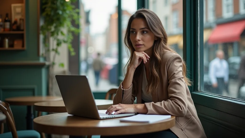 female entrepreneur anxiety - Thoughtful female entrepreneur focused, reflective, seated at a small café table with laptop and notepad, photorealistic Brighton city café with large windows, soft natural light, bustling street outside