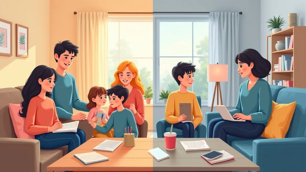 Table illustration: one side, smiling ex partners and children in Brighton home; other side, stressed individuals, cluttered separate space, hopeful vs. subdued colours. ex partner communication, effective communication