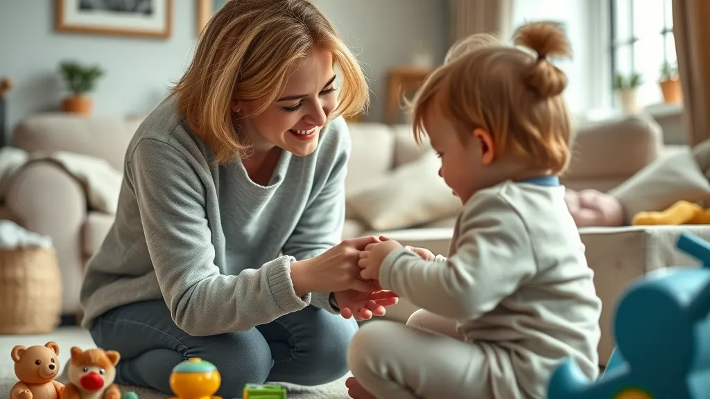 Warm, nurturing caregiver and child interaction in a comfortable UK living room, illustrating attachment theory and trauma concepts through gentle, affectionate expressions and emotional connection.