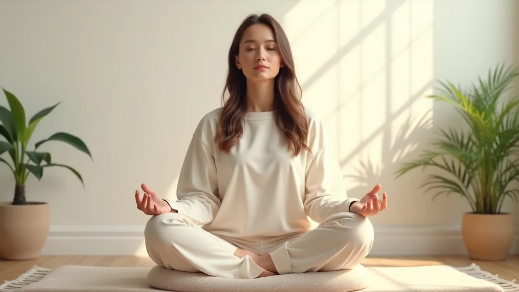 Focused individual practicing mindfulness for bankruptcy shame healing in a peaceful, softly lit home environment