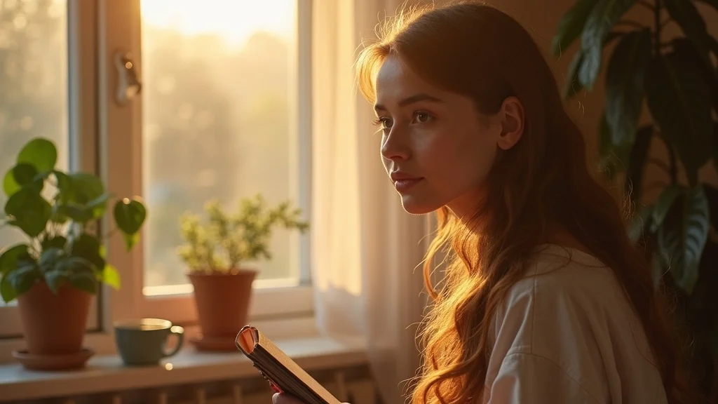 Intimate portrait of young woman reflecting, holding a notebook — contemplative, soft gaze out window, styled as Photorealistic set in a bright living room with plants and mug of tea, featuring sunlight casting long shadows and warm atmosphere, rendered with detailed hair catchlights and fine fabric, emphasized with warm neutral earth tones, under golden hour sunlight, captured as if shot with a 50mm lens.
