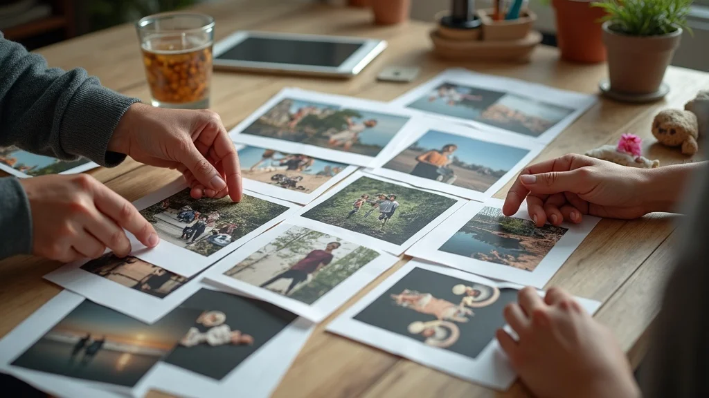 Collage of idealized Instagram photo squares overlaid on real candid moments — showing contrast, no visible faces, hands arranging printed images on a table, styled as Photorealistic set in a home workspace, featuring natural mess and everyday objects, rendered with tactile paper textures, contrasted color grading (saturated posts vs. muted real life), under diffused daylight, captured as if shot with a 24mm lens.
