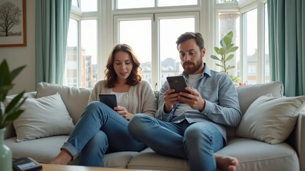 online couples therapy brighton - Modern, private home setting for online counselling, couple on sofa with digital devices in a bright Brighton flat with art and city views
