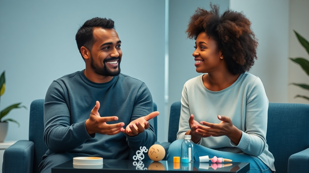 diverse couple in a counselling setting demonstrating communication strategies neurodiverse couples with fidget tools on table