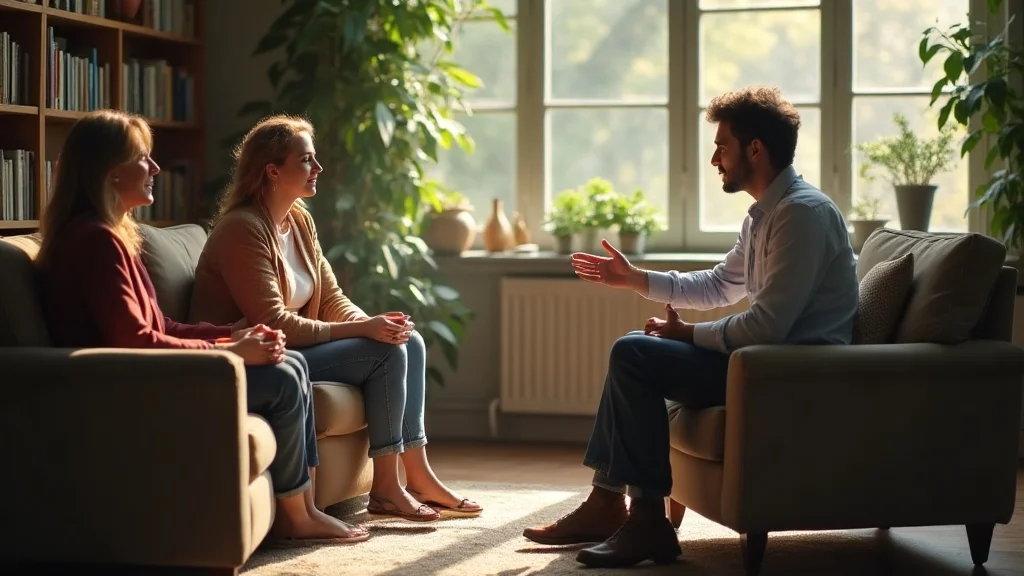 Therapist facilitating engaged couple in open conversation, photorealistic sunlit room with bookshelves, natural interaction, lifelike features.