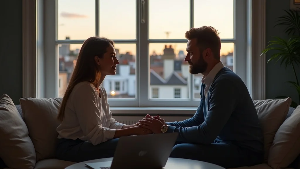 Modern diverse couple discussing online couples therapy Brighton Hove evening rooftop window
