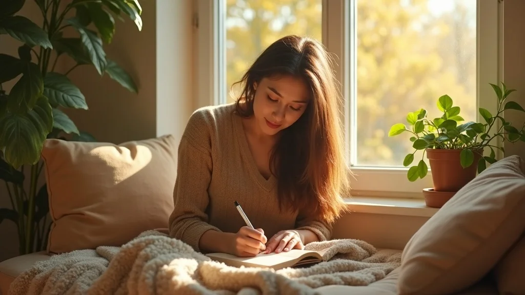 Individual journaling with calm focus in a sunlit reading nook, lush plants and cushions present, soft detail and warmth