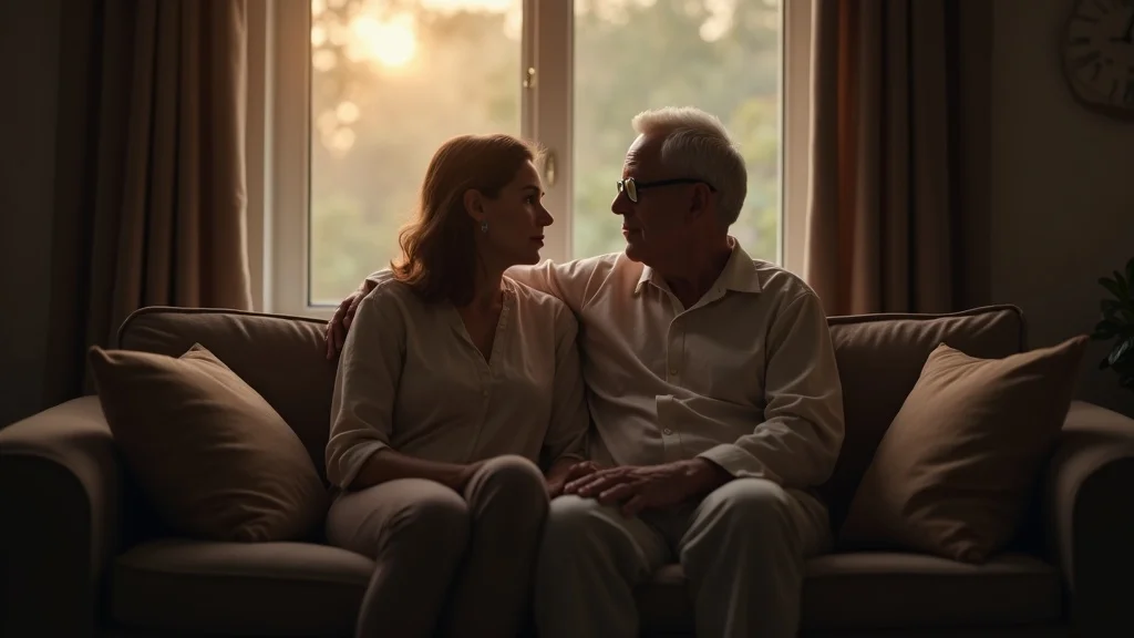 emotional loneliness in relationships - Soft introspective mid-aged couple sitting together on a sofa, both looking away with gentle sadness, not touching, captured in a cosy living room under muted warm tones and soft evening light