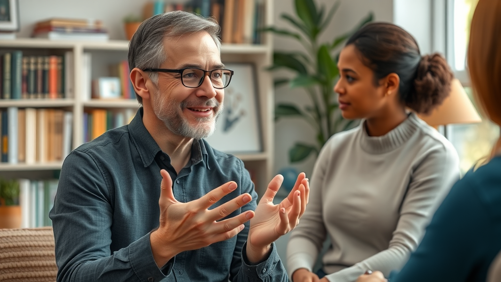 couples therapist: calm, confident, explaining therapy options to a neurodiverse couple in a professional setting