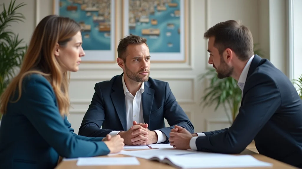 Brighton family lawyer consulting separated ex partners in an office, clients cooperating with concern; Brighton city artwork, legal books, crisp paper textures, neutral colours. family law, ex partner communication