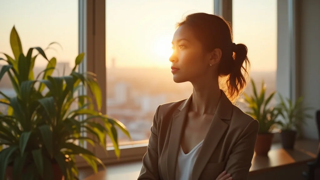 female entrepreneur anxiety - Candid businesswoman pensive, looking out office window with Brighton skyline, photorealistic, sunlit workspace with plants
