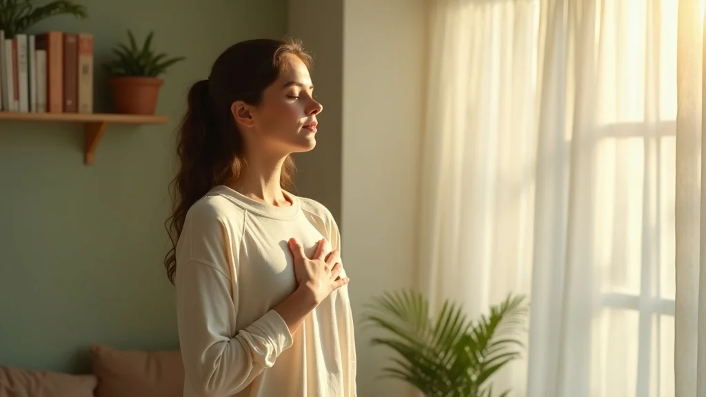 Person practising mindfulness and gentle pause before reacting—serene, reflective, as taught in cognitive-behavioural therapy for everyday life and addiction recovery