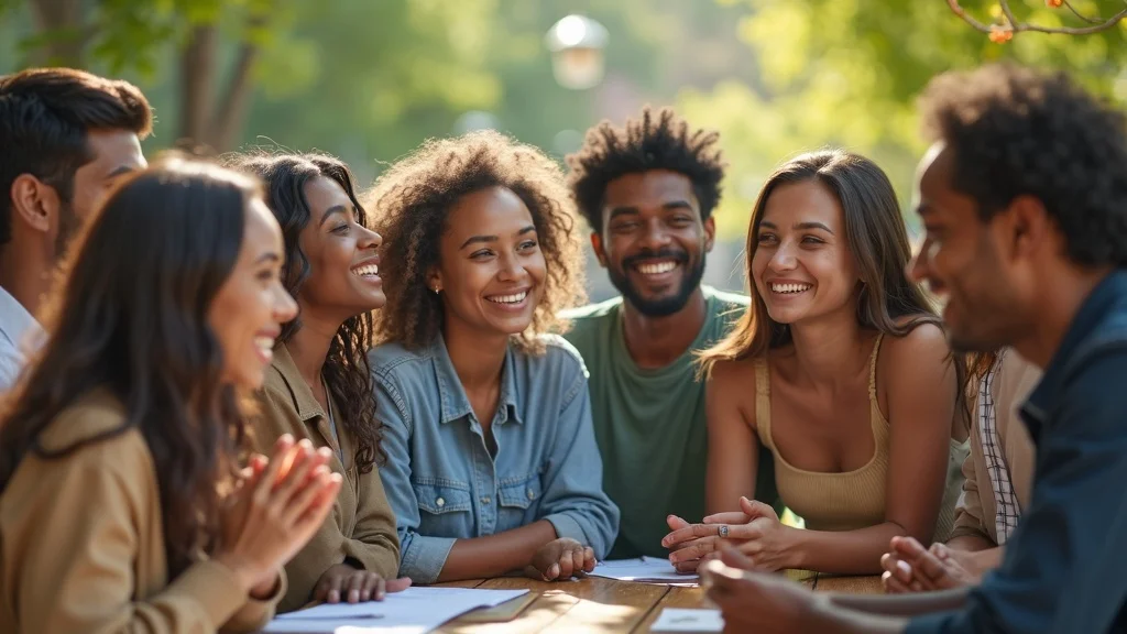 Group with diverse ages and backgrounds sharing experiences of imposter syndrome on vibrant university campus common area