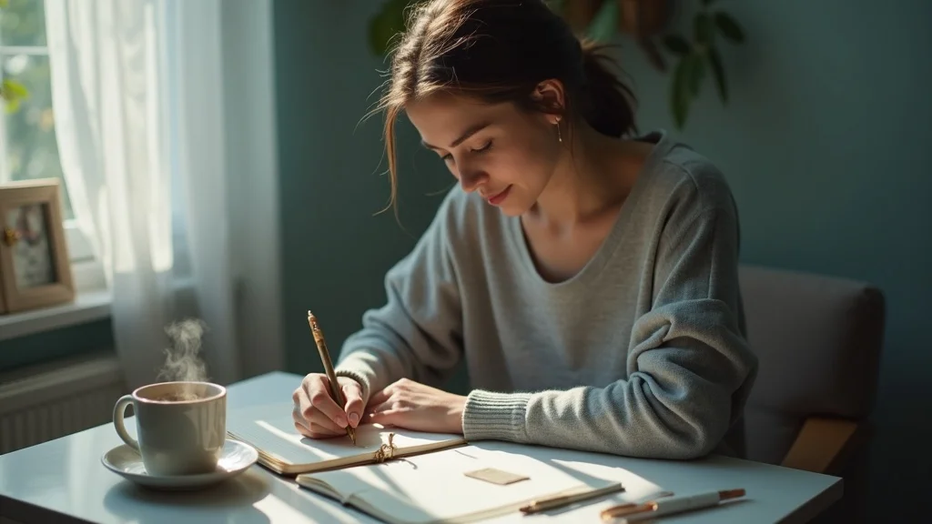 Person reflecting on caregiving relationship imbalance while journaling in a tranquil home nook, showing the value of self-awareness and gentle self-care.