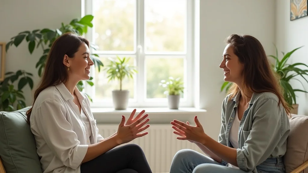 Supportive counselling session, two people, authentic connection, therapist's office, warm light