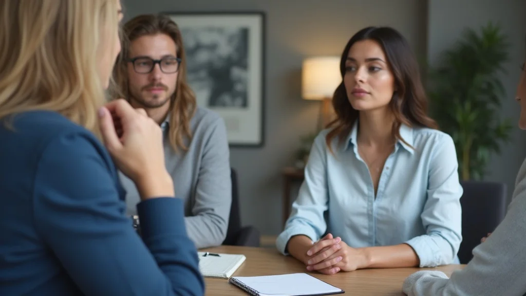 Reflective couples therapist with attentive expression in counselling session, photorealistic modern office, notepad and calming décor, engaged couple.