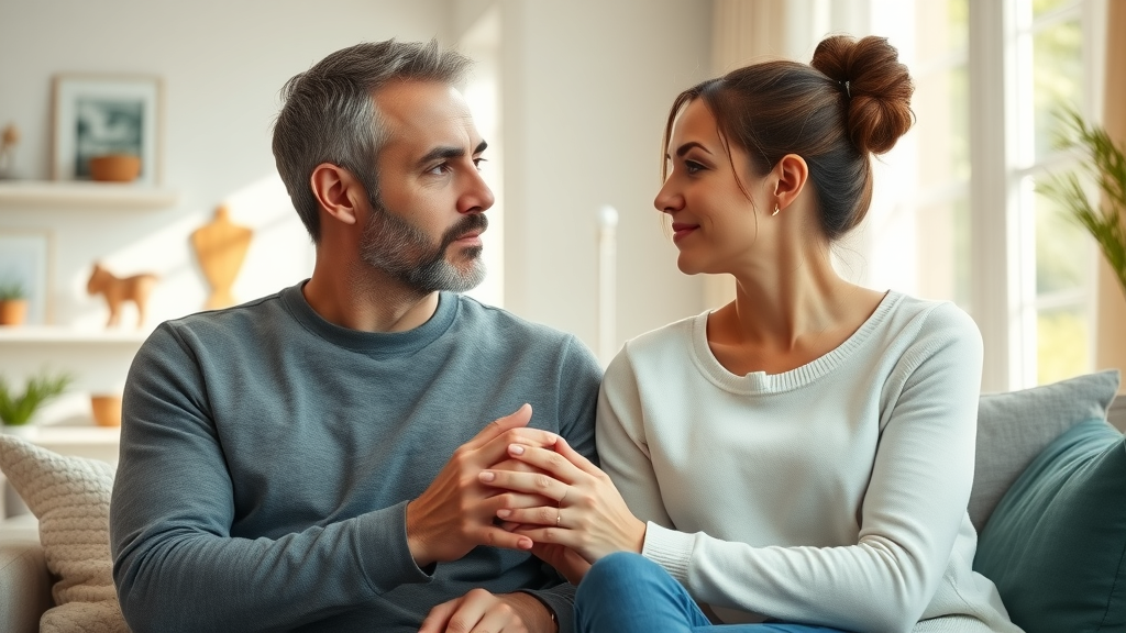 thoughtful neurodiverse couple communicating and supporting each other during a couples counselling session, highlighting emotional connection and understanding