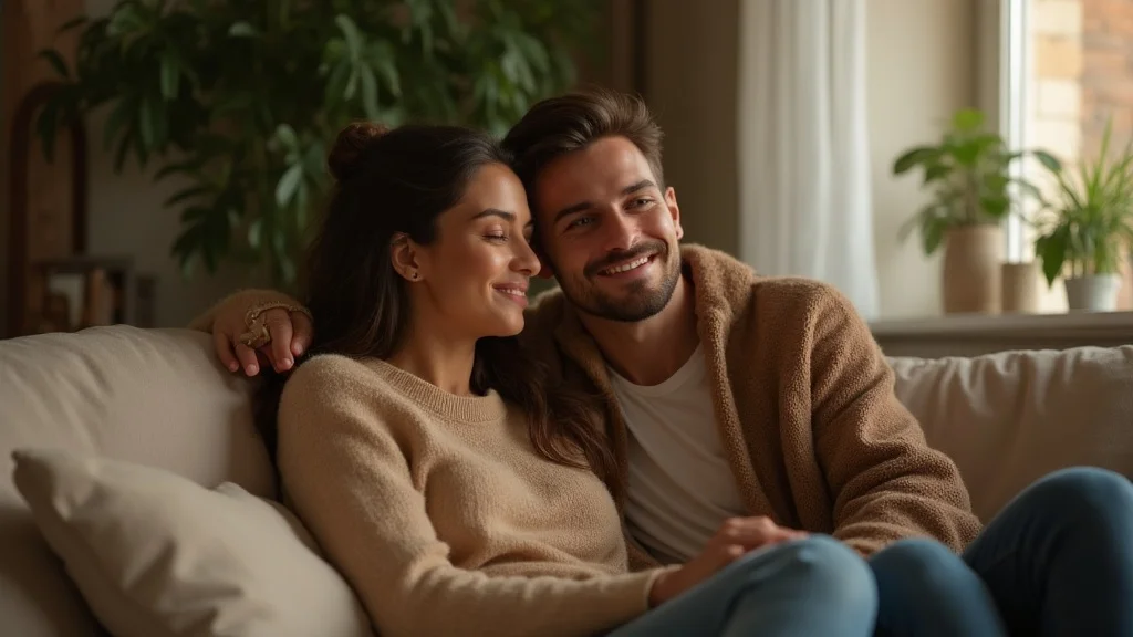 Affectionate couple sharing quiet moment at home, peaceful expressions, close on sofa, soft lighting with gold and green tones.