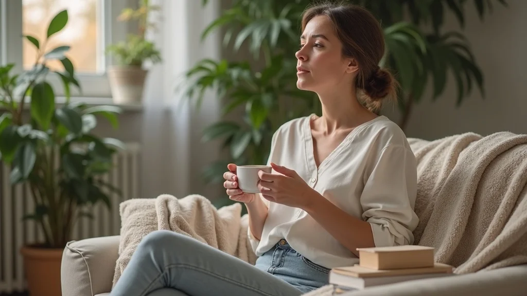 Caregiver mental health self-care: individual taking a peaceful break on sofa, representing the quiet crisis and the need for emotional support in balancing caregiving roles.